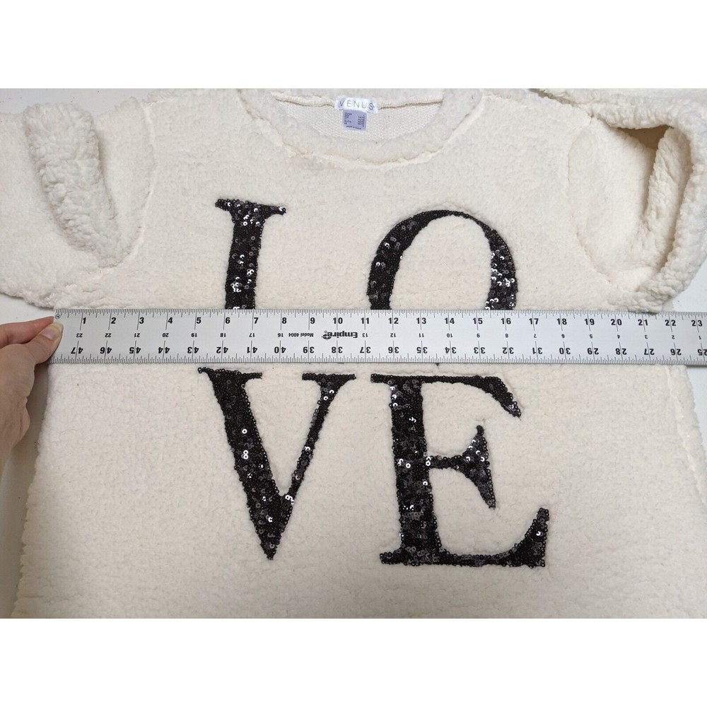 Venus Women's L White Fluffy Sherpa LOVE Long Sleeve Pullover Sweater Sweatshirt - Picture 9 of 13